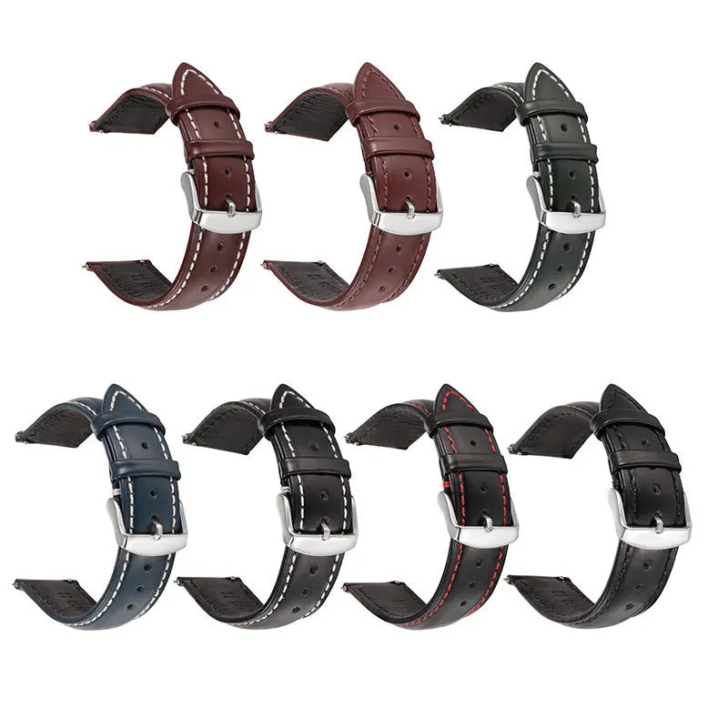 Quick release leather watch strap in bright cowhide, shown in various colours and widths on a watch