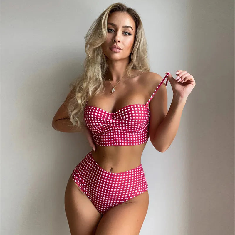 Women's plaid high-waist bikini swimsuit in multiple colours with separate tops and briefs