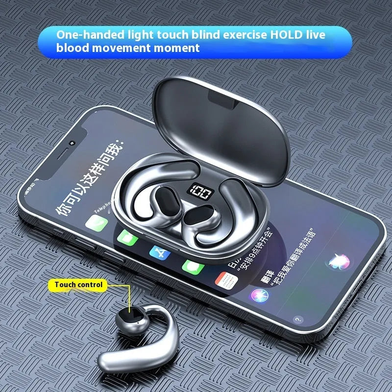 Black ear-mounted Bluetooth headset with digital display screen showing battery status