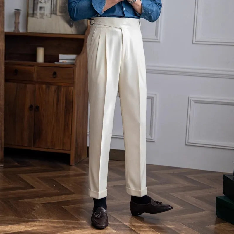Men's black high-waisted straight leg casual trousers on a hanger
