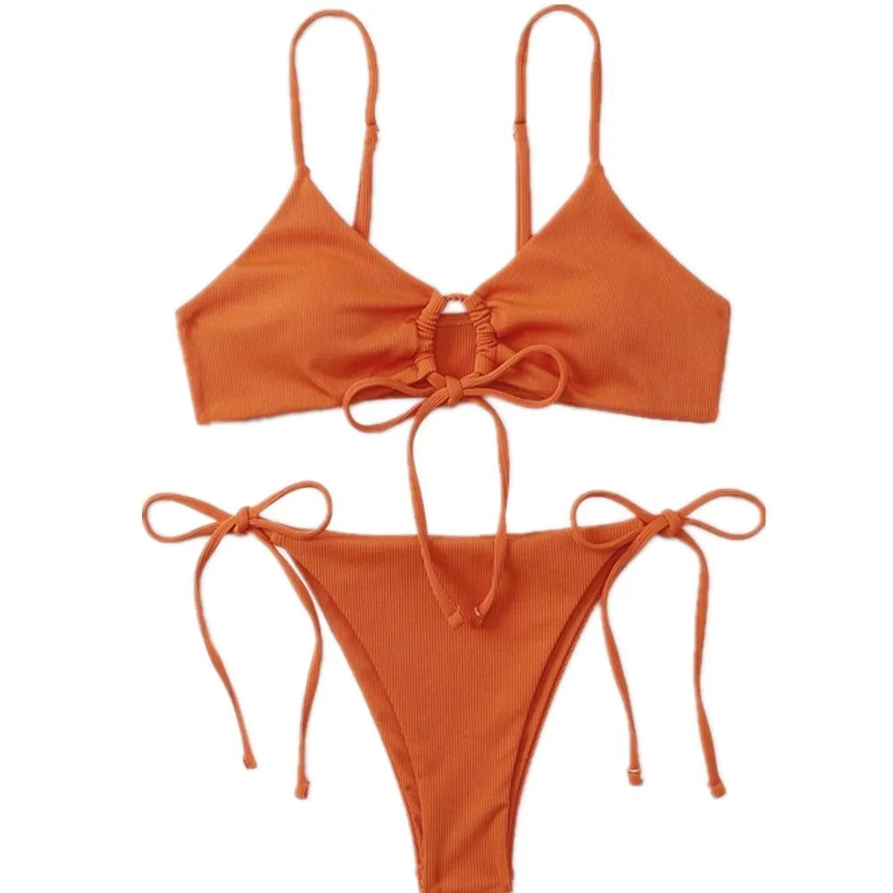 Women's solid colour drawstring bikini swimsuit in quick-drying nylon fabric