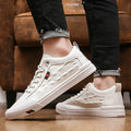 White men's lace-up casual sneakers with round toe and flat rubber sole