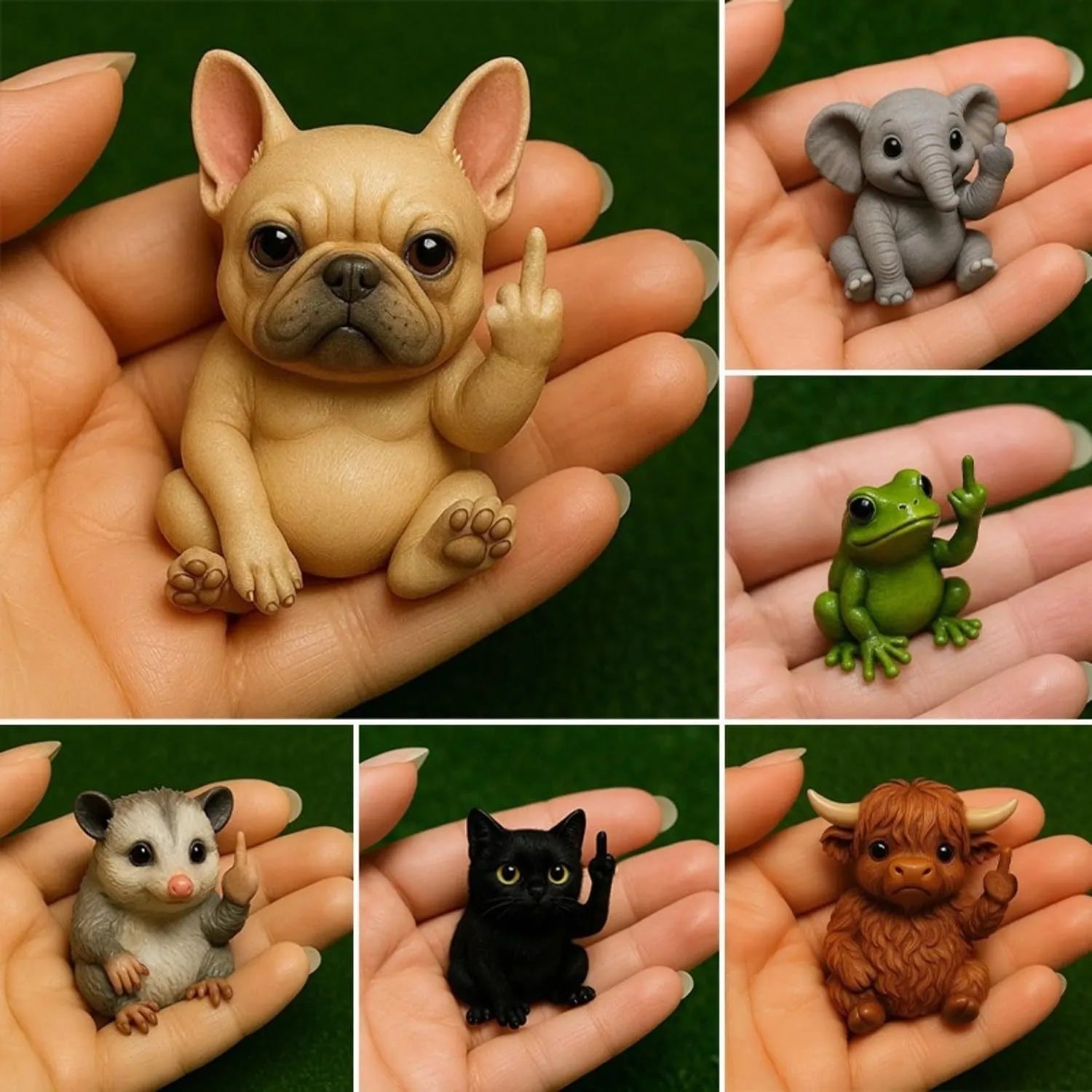 Miniature resin animal doll making a middle finger gesture, available in seven animal styles including cat and dog.