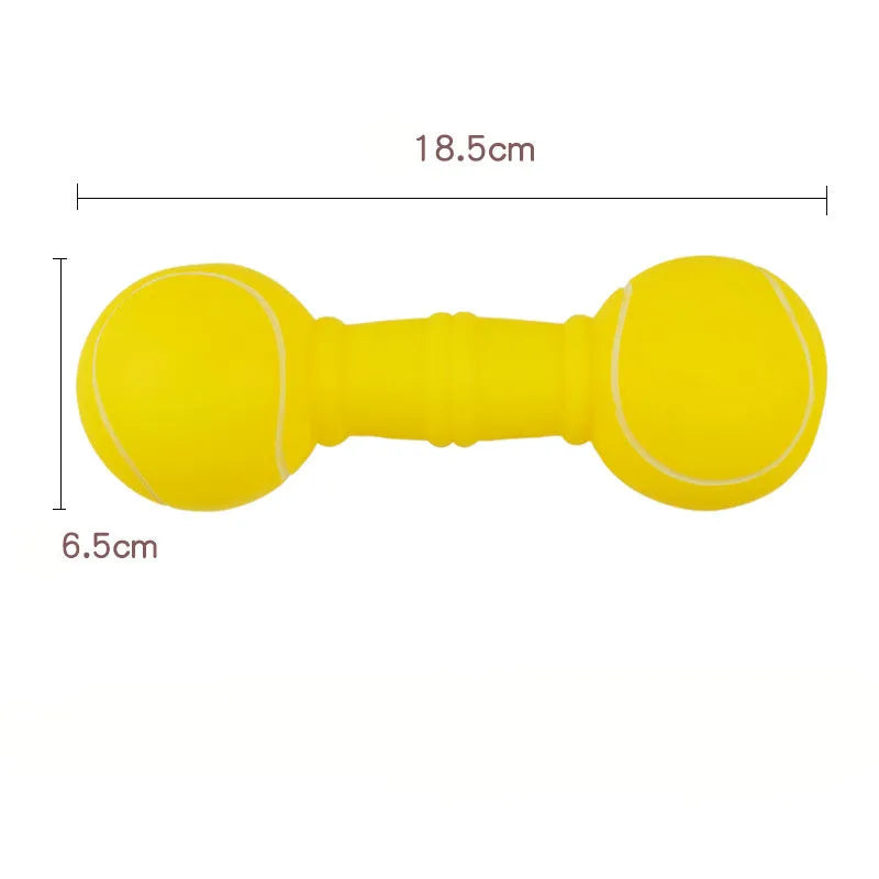 Football dumbbell shaped dog squeaky chew toy in PVC material showing brown, orange, white and yellow colour options