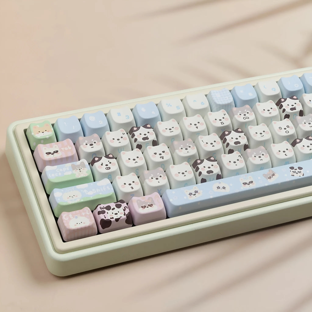 PBT sublimation keycap set with colourful cartoon puppy and cat designs for mechanical keyboards