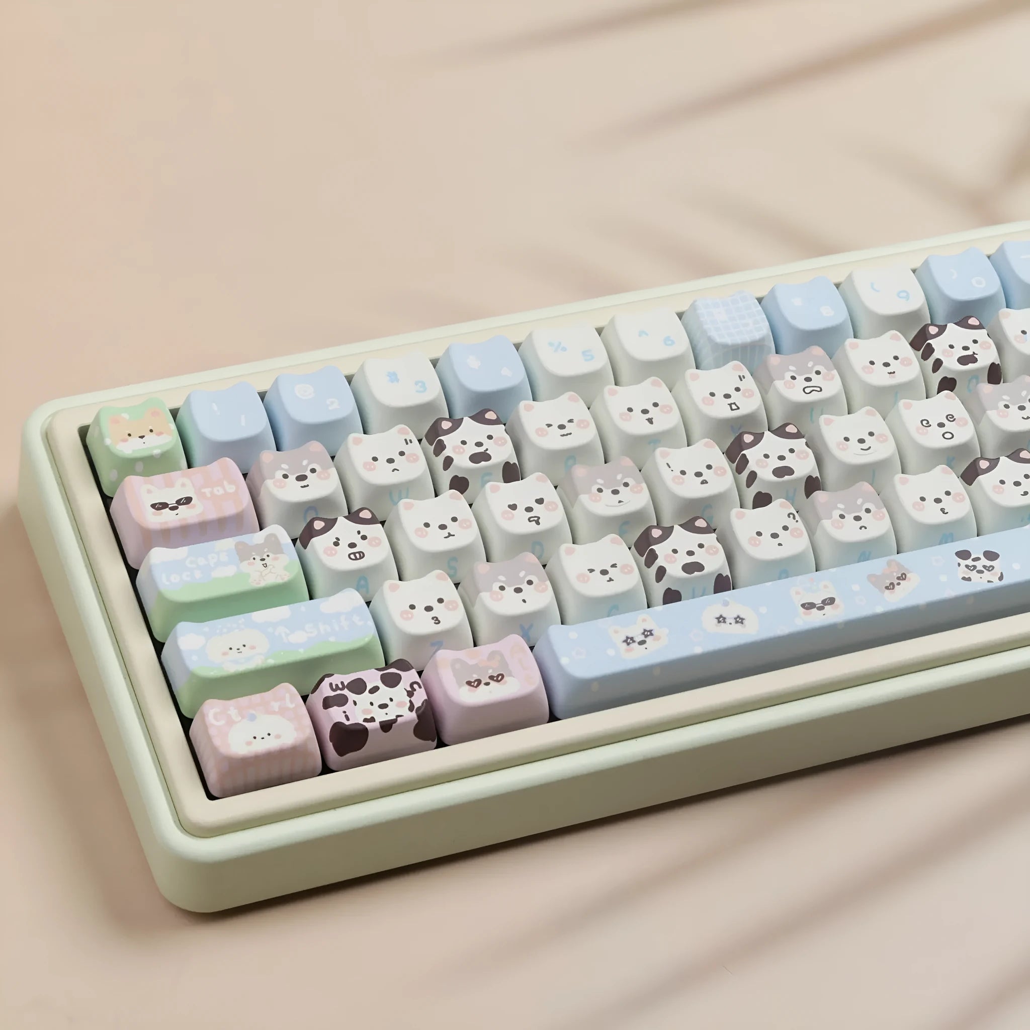 PBT sublimation keycap set with colourful cartoon puppy and cat designs for mechanical keyboards