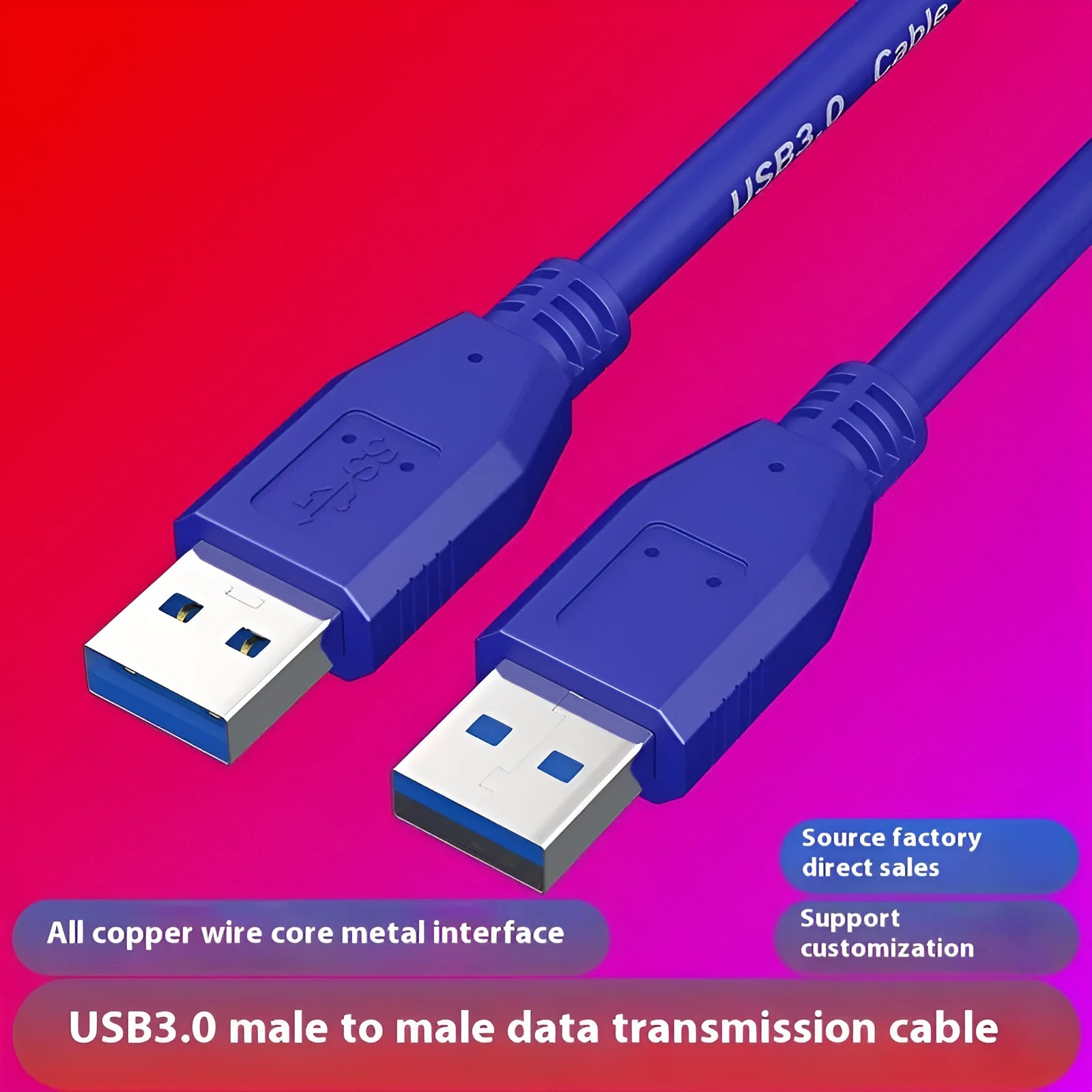USB 3.0 male-to-male data cable with nickel-plated connectors on a white background
