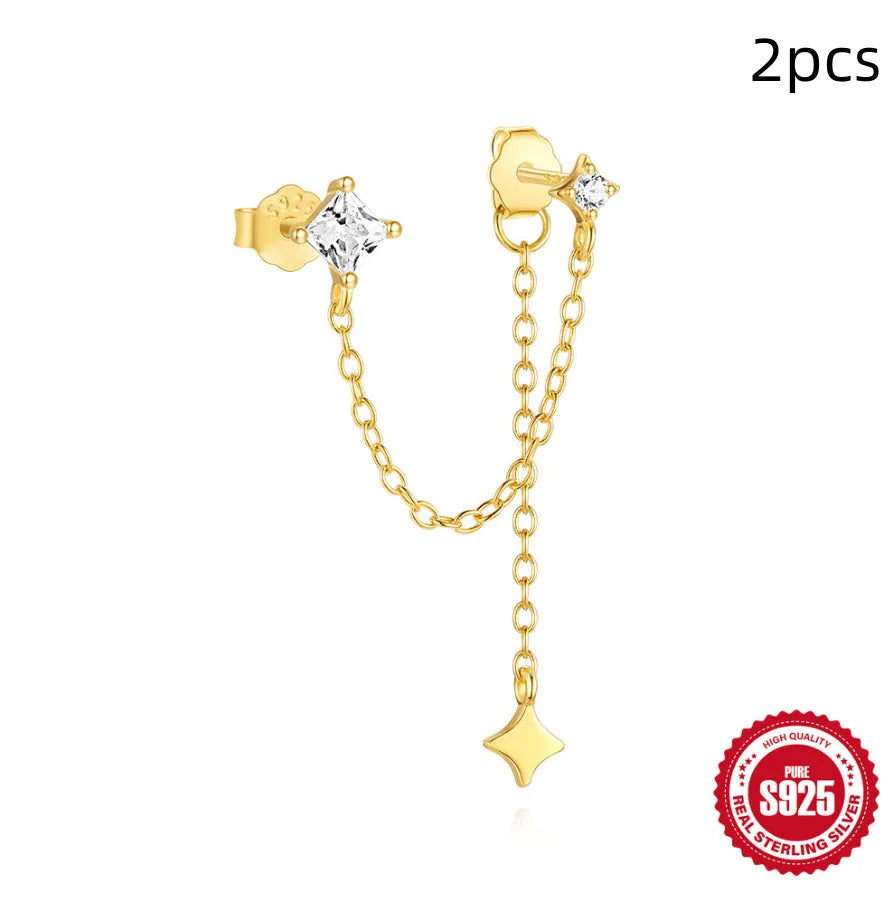 S925 sterling silver geometric chain stud earrings with inlaid zircon for double piercings in golden colour.