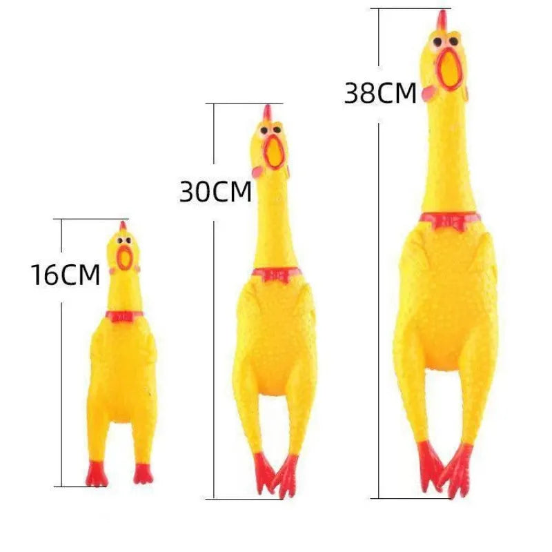 Yellow rubber squeaking chicken dog toy available in multiple sizes for pet chewing and play