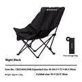 Night black portable camping recliner folding chair in moon chair style, shown both set up and folded.