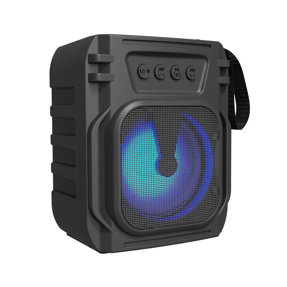 Portable Bluetooth speaker with USB charging cable and compact radio-style design