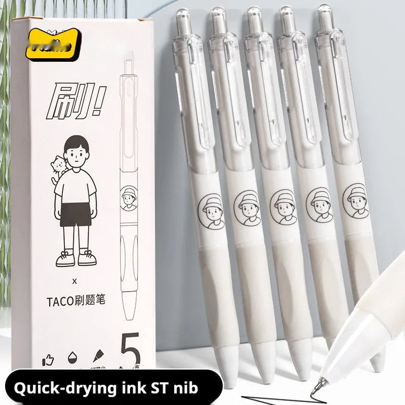 Five white and black plastic ballpoint pens with 0.5mm tips for writing