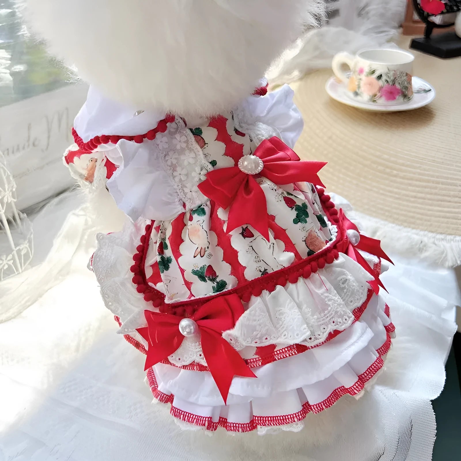 White polyester rabbit skirt costume for a small dog in princess style.