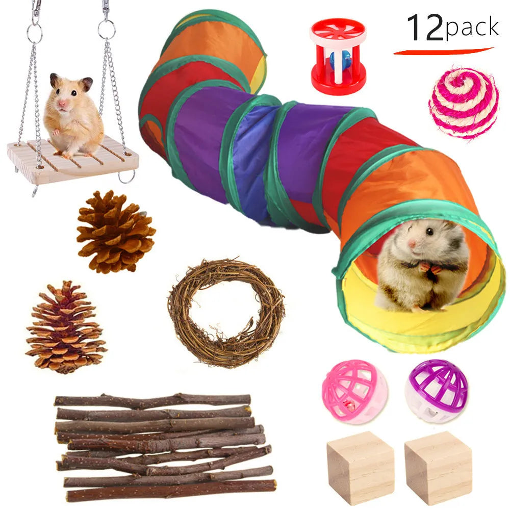 Assortment of wooden and natural fibre chewing toys for pet rabbits, guinea pigs, and parrots on a straw mat