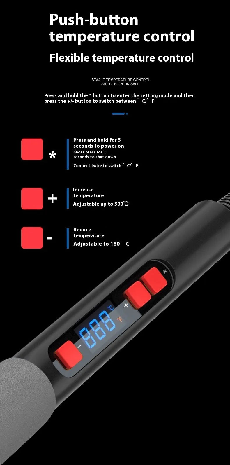 Grey 90W electric soldering iron kit with ceramic heating core, five tips, sponge, and tin wire on a workbench.