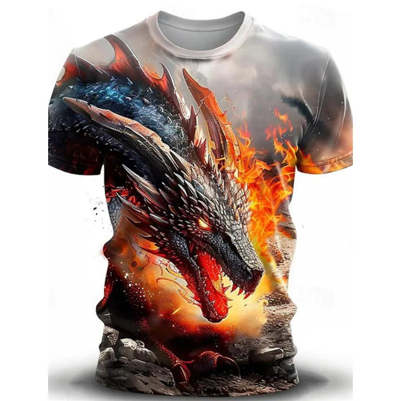 Men's grey t-shirt with a large 3D wind dragon graphic print on the front.