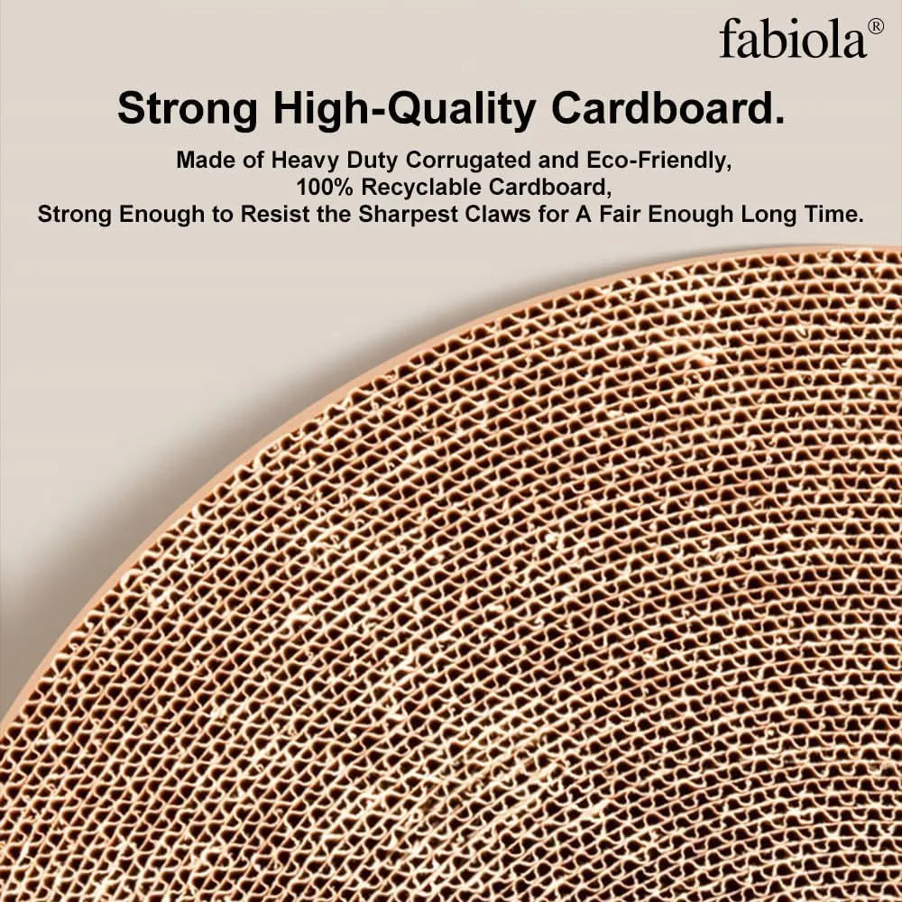 Large circular cat scratching board with bell toys and replaceable cardboard core