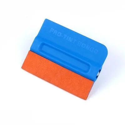 Car vinyl wrap scraper tool with a blue faux deerskin head and black ABS plastic handle.