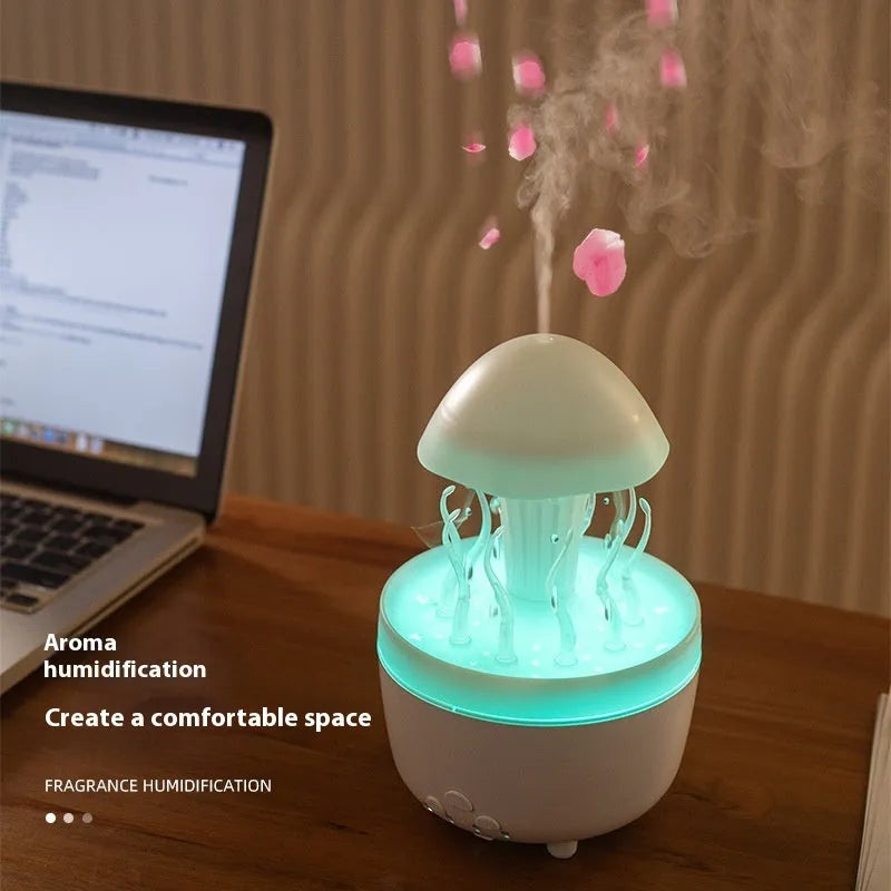 Rotating water drop column-shaped aroma diffuser and night lamp in a light wood grain finish.