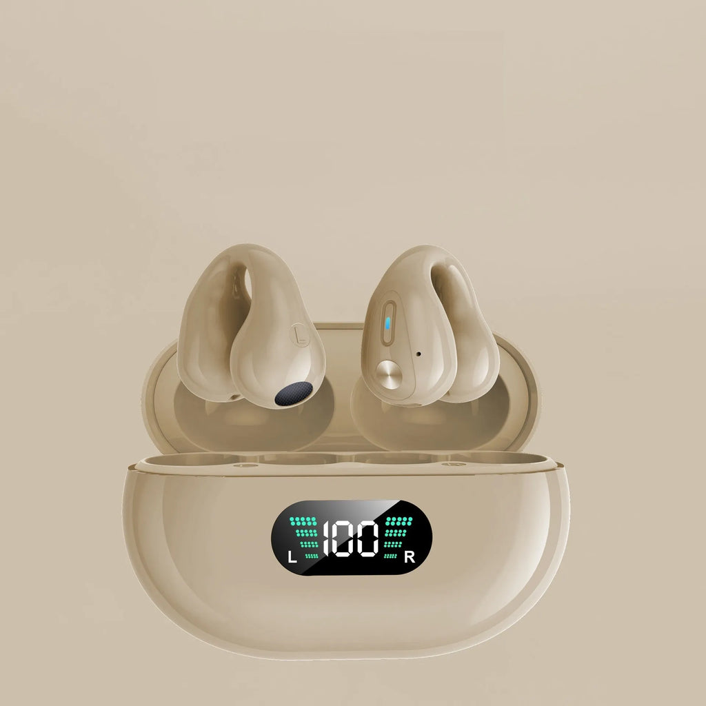 Bone conduction Bluetooth headset with ear clip design in black, white, or khaki colour