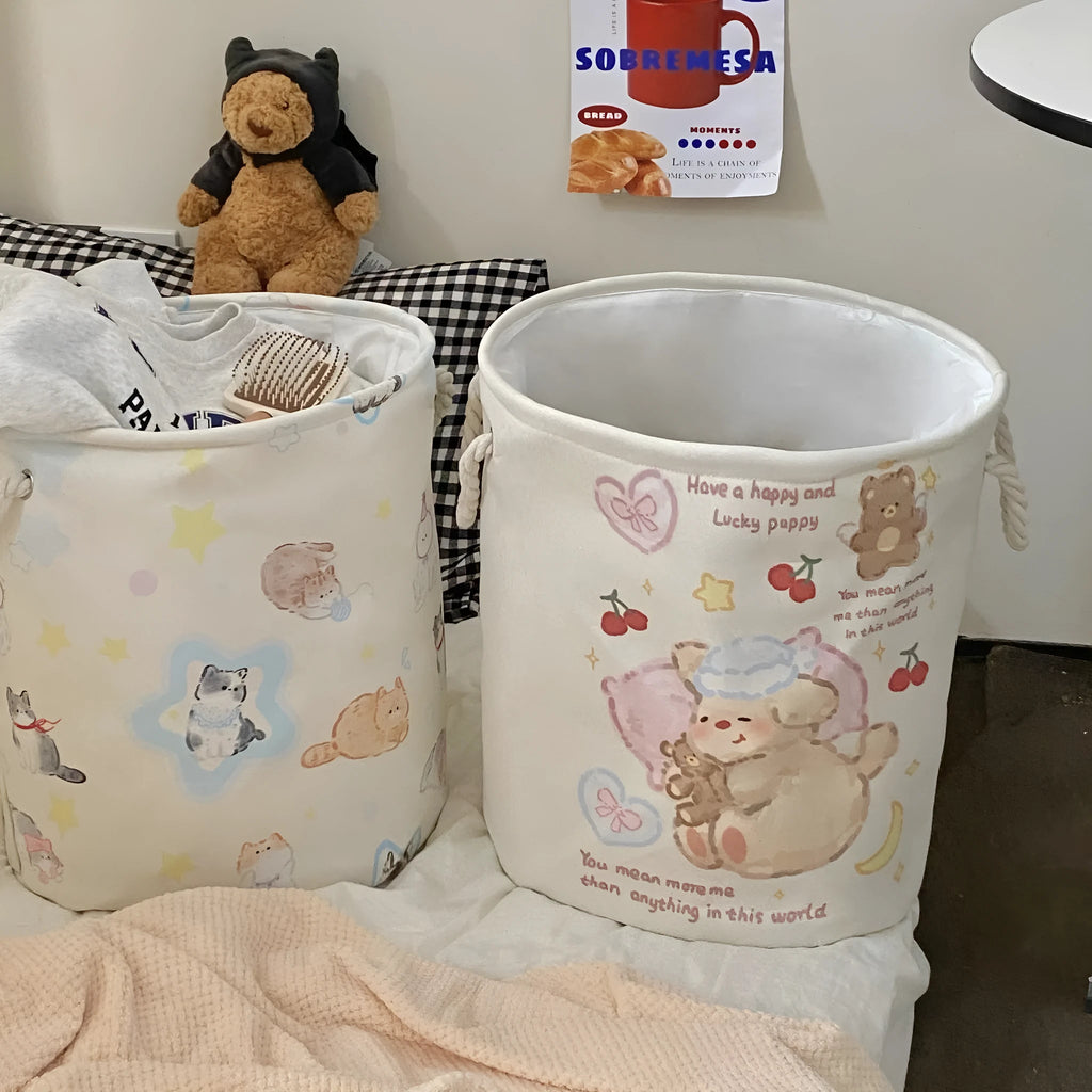 Foldable cotton laundry basket in mint green colour with bear design pattern for bedroom storage