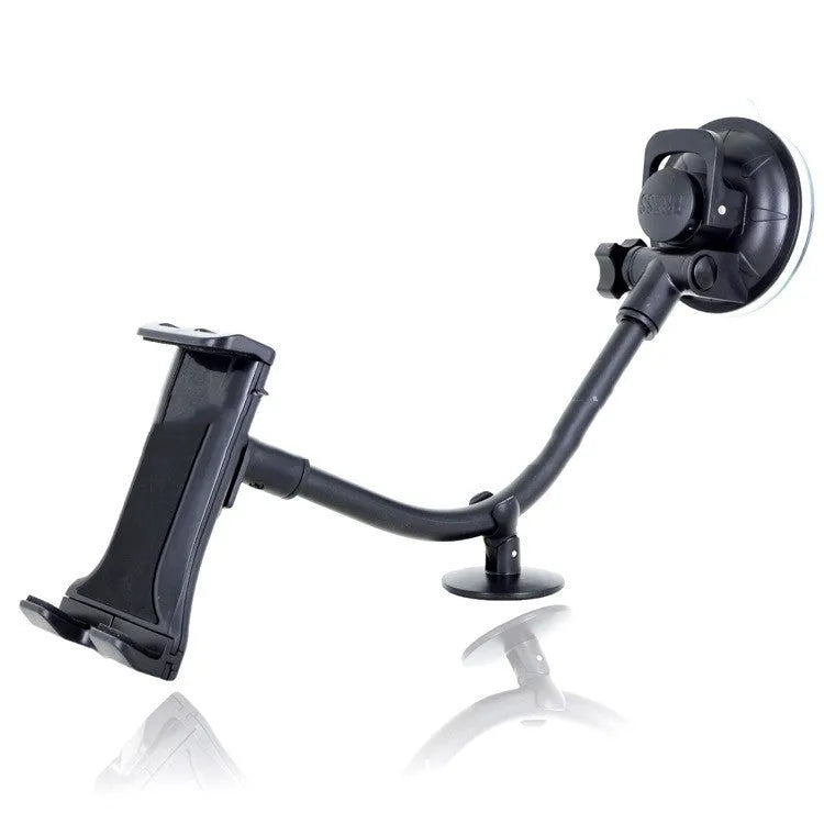 Black vehicle-mounted tablet holder with suction cup for 4-12 inch devices on car dashboard