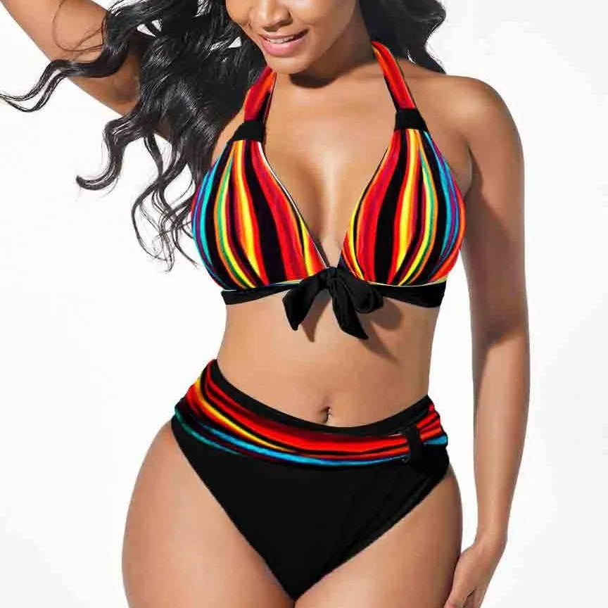 Women's colourful printed plus size bikini set with polyester-spandex fabric in multiple design options