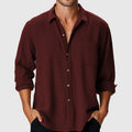 Men's loose fit beach holiday shirt in polyester with stand collar and long sleeves