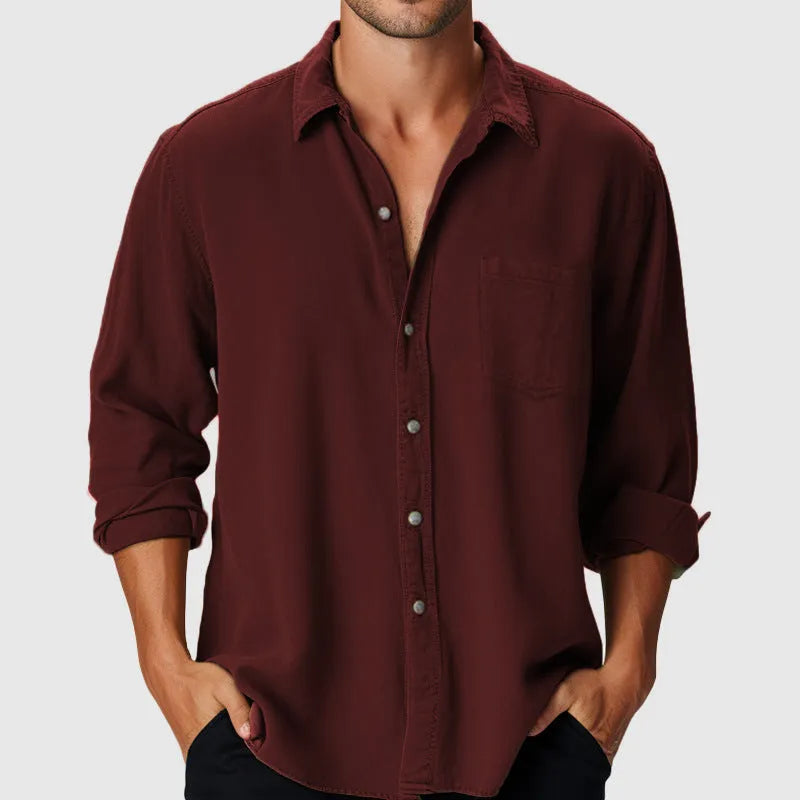 Men's loose fit beach holiday shirt in polyester with stand collar and long sleeves