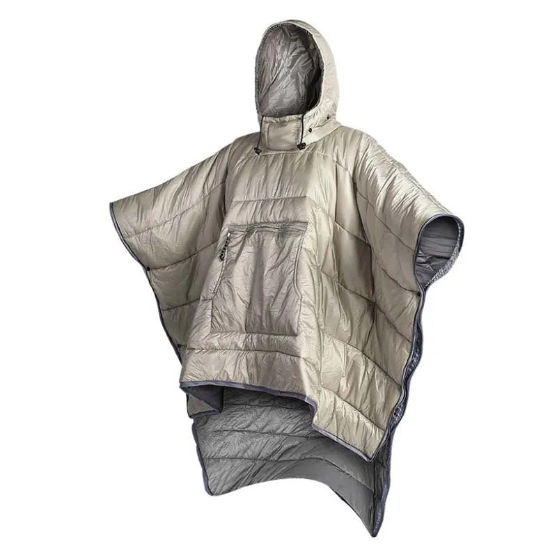 Grey outdoor cloak sleeping bag with hood showing transformation to wearable cape