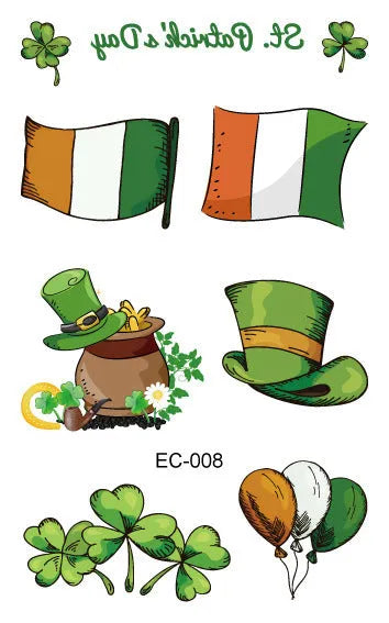 Pack of St Patrick's Day clover temporary tattoo stickers, 120mm by 75mm water transfer design.