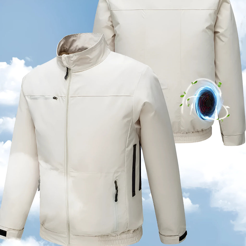 Men's black smart air conditioning outdoor work jacket with built-in cooling fan system and multiple ventilation holes.