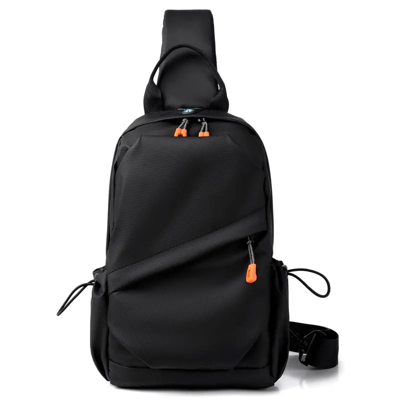 Men's black polyester crossbody bag showing single shoulder strap and simple design