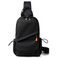 Men's black polyester crossbody bag showing single shoulder strap and simple design