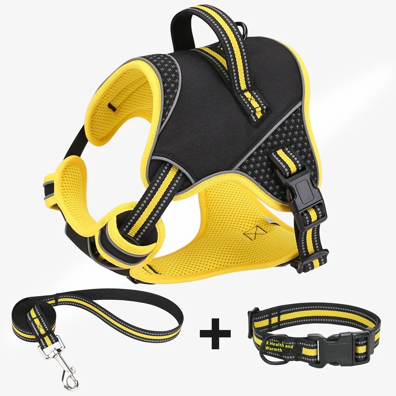 Orange and yellow dog harness and traction strap set for outdoor training with anti-breaking loose security