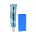 Blue car glass oil film remover tube and soft sponge applicator for windshield cleaning.