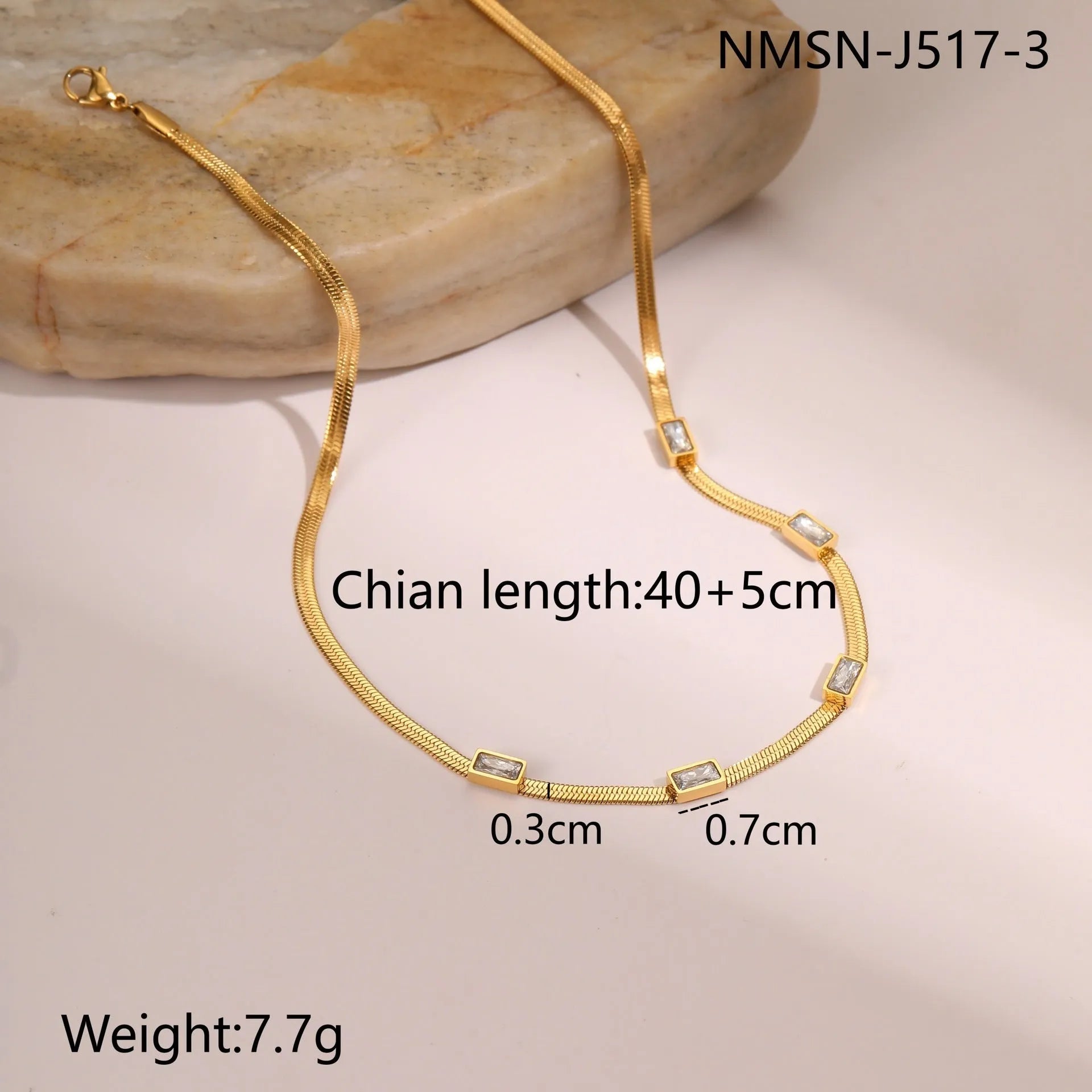Geometric square zircon necklace with stainless steel flat snake chain in gold or steel colour