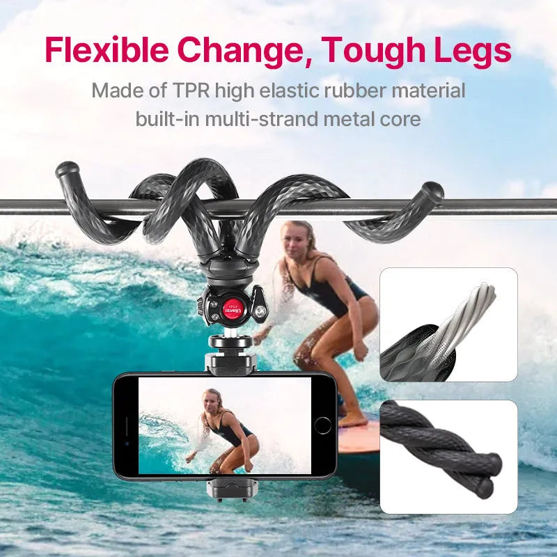 Black octopus-style aluminium alloy tripod with phone clip extended to 360mm length.