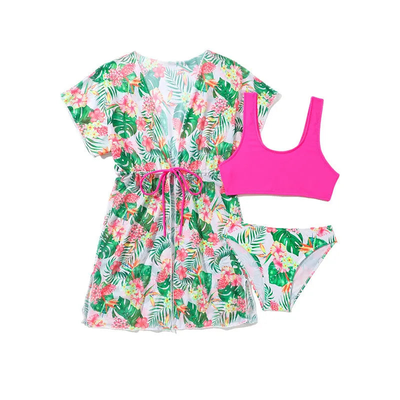 Girls' floral two-piece swimsuit in high-elasticity polyester fabric