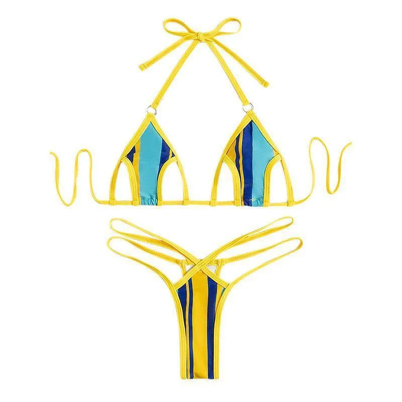 Yellow women's two-piece swimsuit with neck-hanging design, hollow backless top and high-waist shorts
