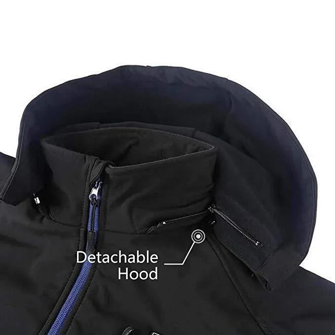 Black USB heated waterproof winter coat for men with long sleeves and straight hem design