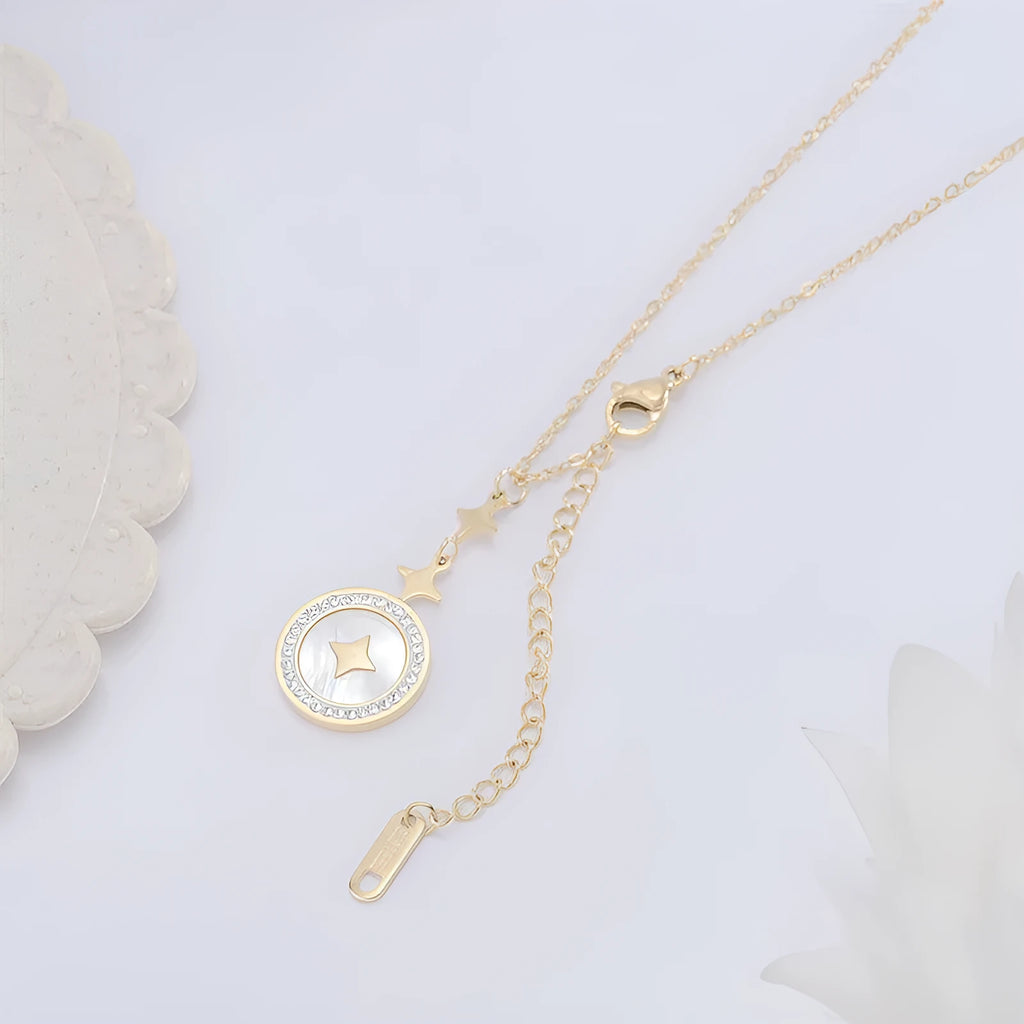 Women's titanium steel necklace with six-pointed star pendant on O-ring chain in gold colour