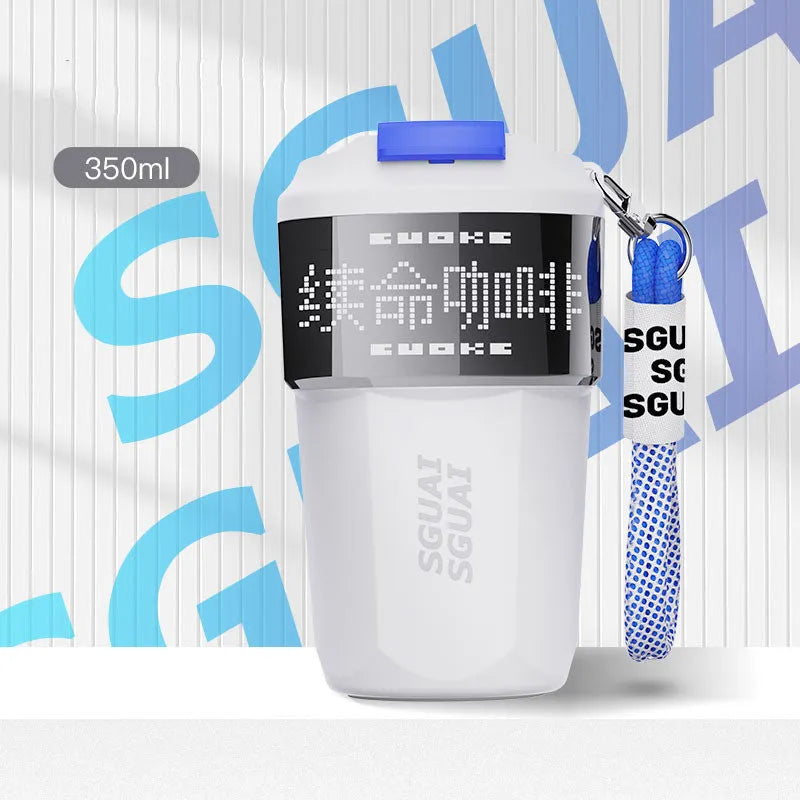 Small stainless steel portable coffee cup in blue, shown next to grey, orange, and white colour options.