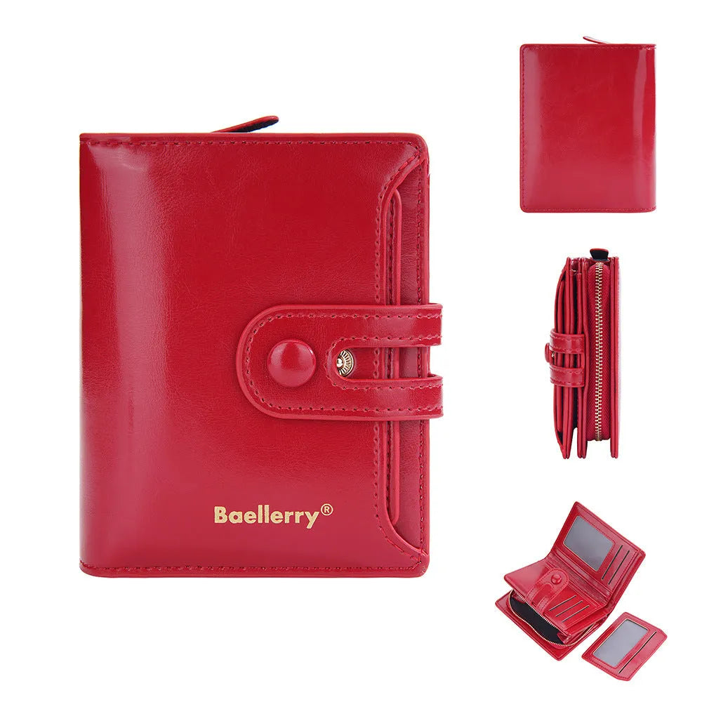 Women's PU leather card holder wallet shown in one of eight available colours.