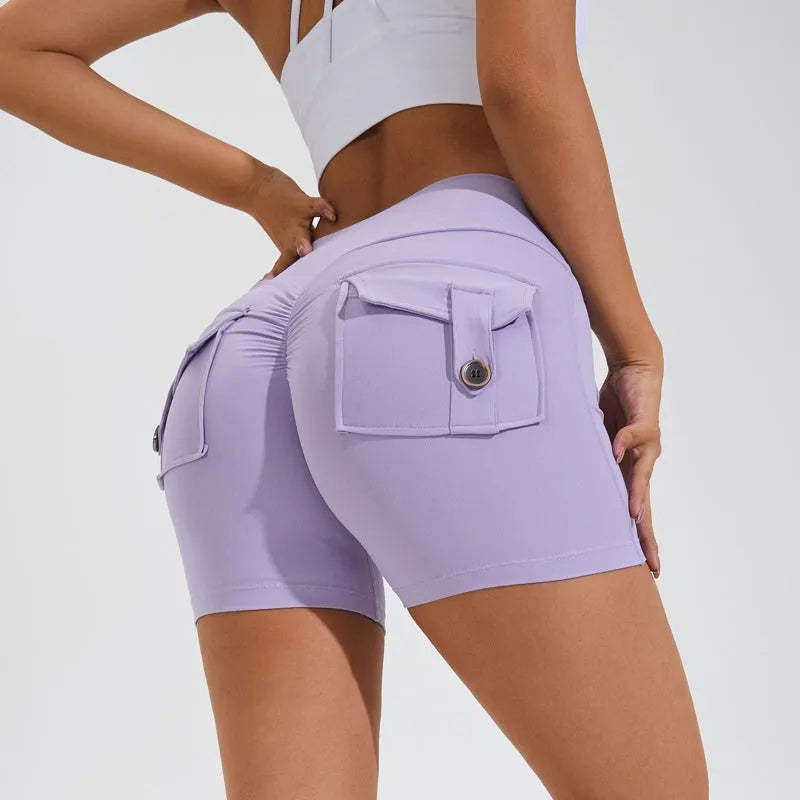 Women's high-waisted fitness shorts with pockets in various solid colours