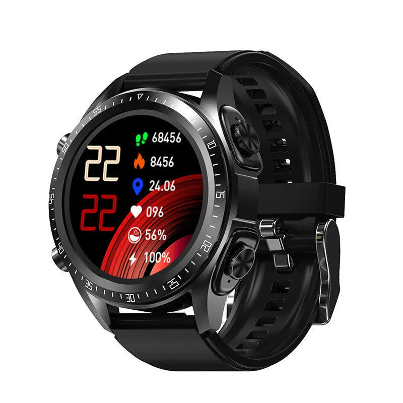 Black smartwatch with blood pressure monitor on silicone strap showing touchscreen display