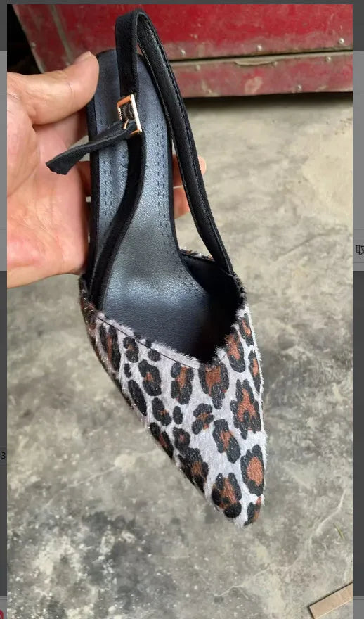 Leopard print women's pointed toe suede sandals with high heels