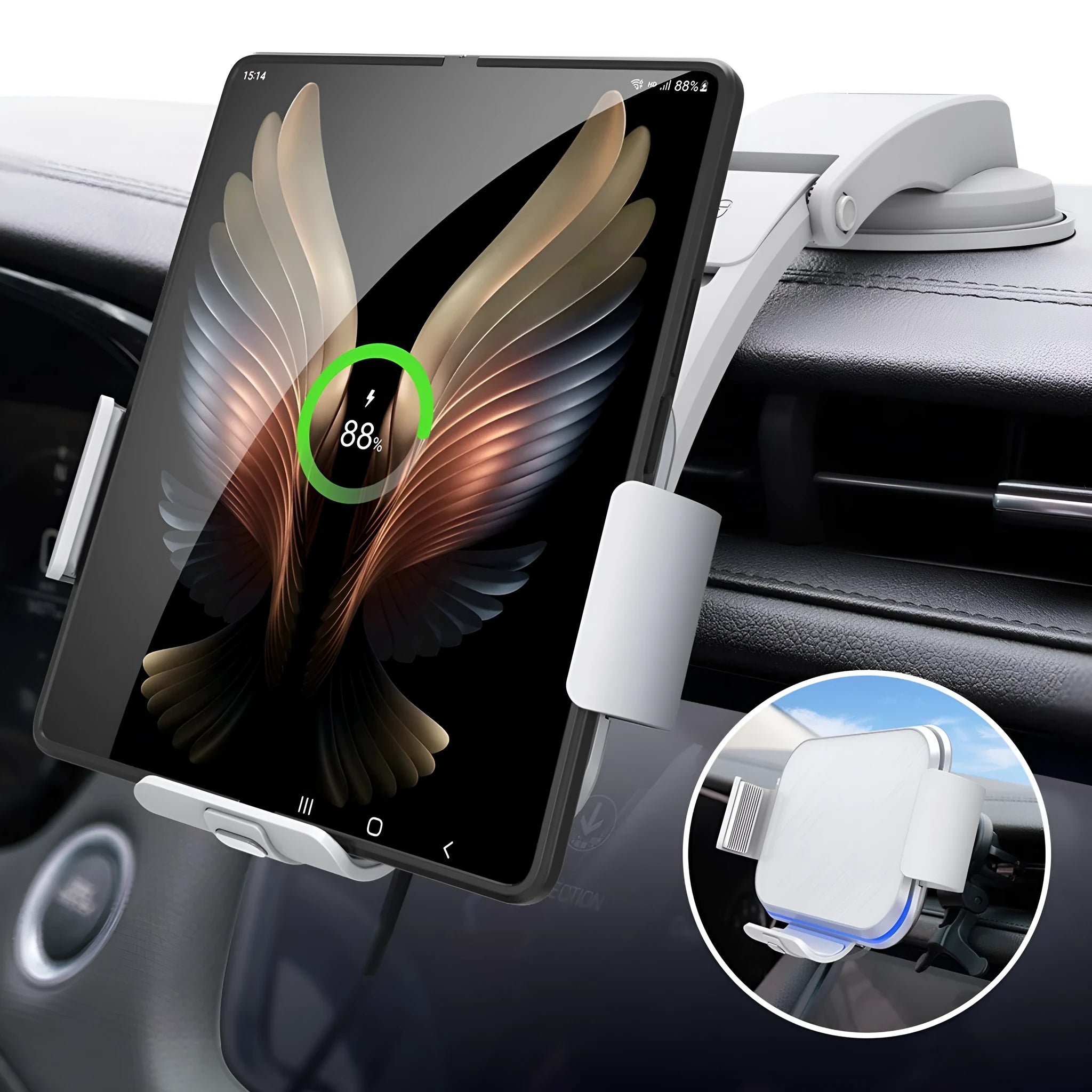 Grey and white car wireless charging phone bracket with folding screen, air vent clip, and suction cup mount.