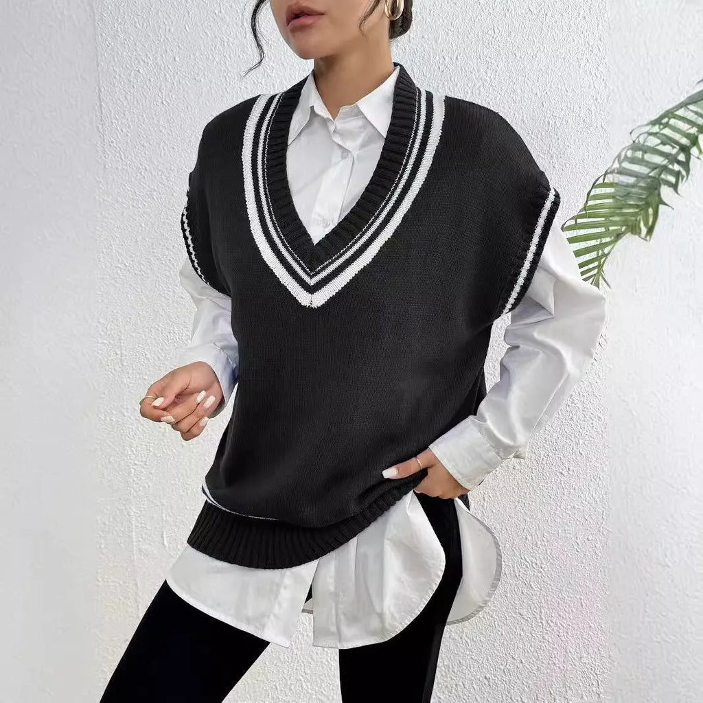 Women's loose fit college style vest sweater in acrylic polyester blend, black blue coffee colour options