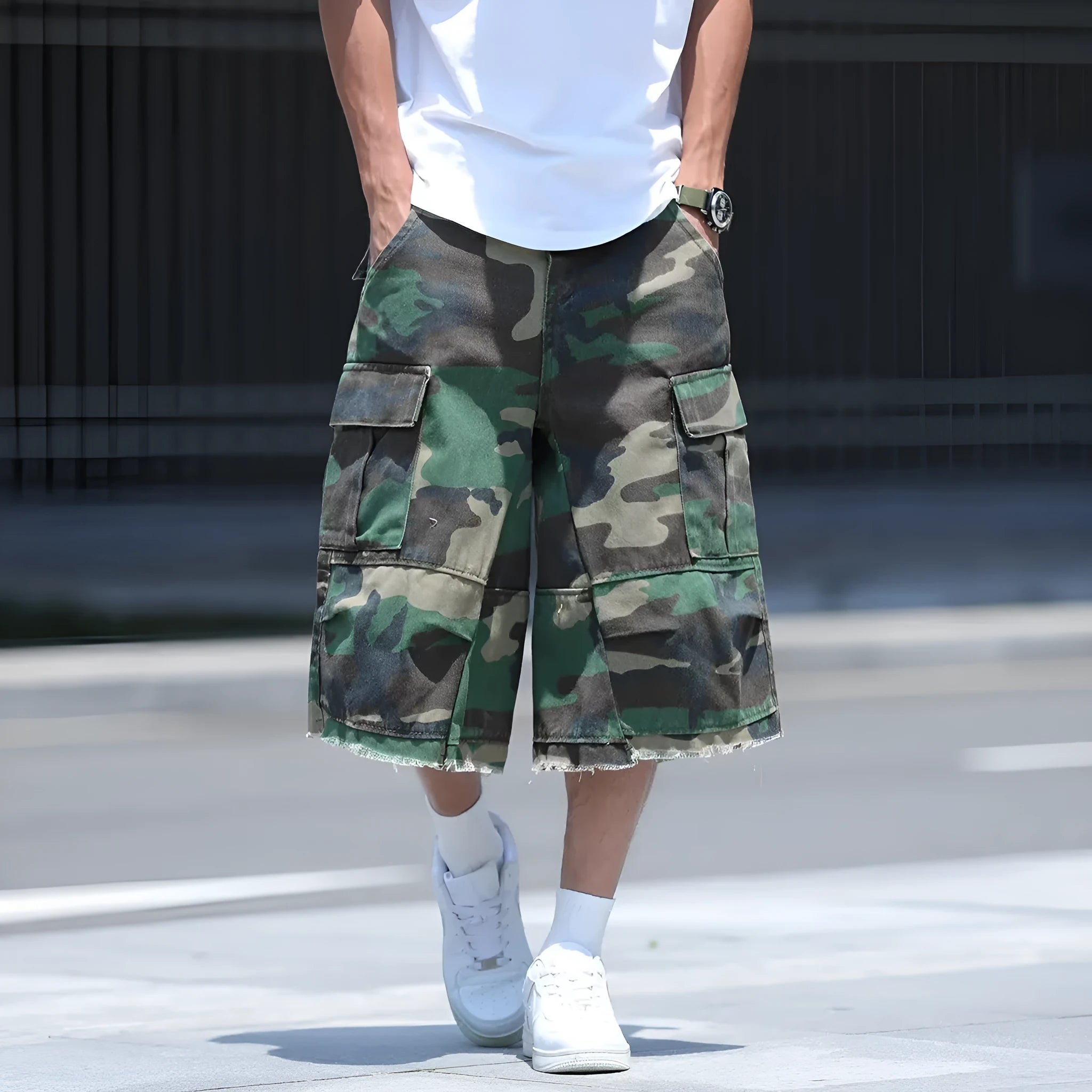 Men's American retro workwear camouflage shorts in loose cropped summer style